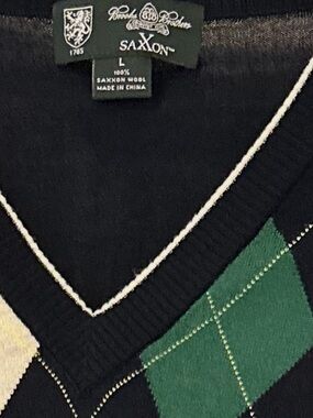 Brooks Brothers Navy V-Neck Argyle Sweater with Red, Green & Cream Diamonds